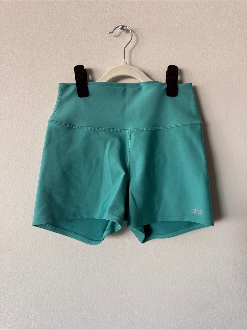 ALO Yoga Mid-Rise Bike Shorts in Teal Blue